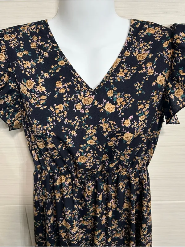 Navy Floral Dress Short Flutter Sleeves Mid Calf Maxi Lightweight, Small - Image 2