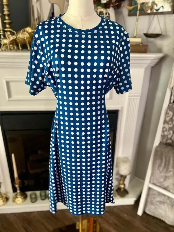 Blue and White Polka Dot Short Sleeve Tie Waist Midi Dress Size Large Women’s - Image 2