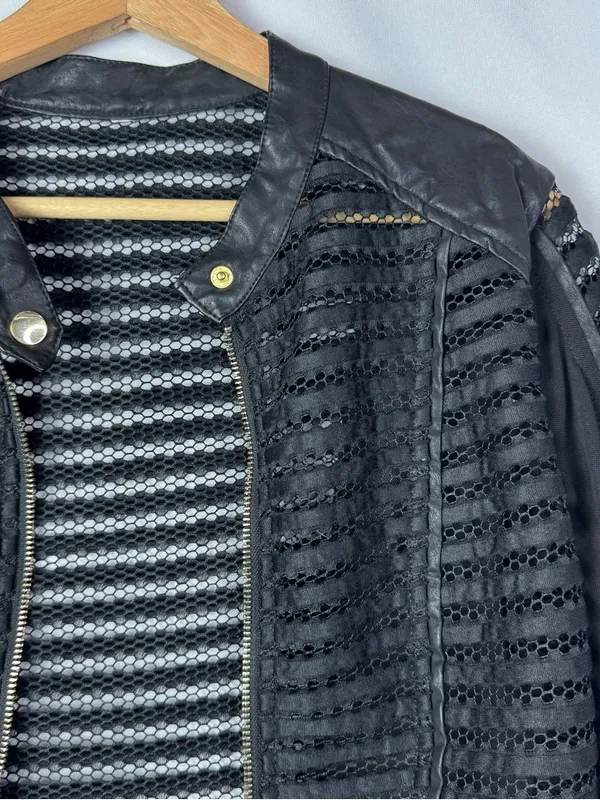 Kate & Mallory Black Mesh & Faux Leather Mixed Media Shell Bomber Jacket S‎ - Image 3