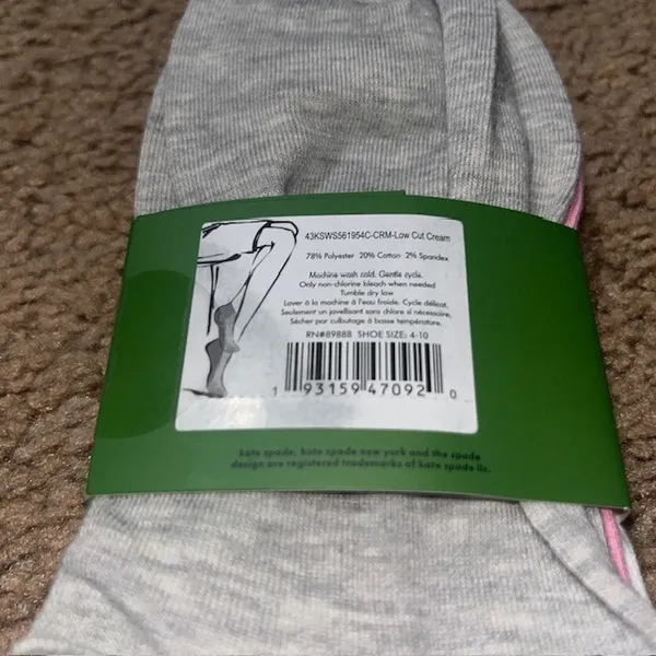 Kate Spade Low Cut‎ Socks 3 Pairs Snail Print White Grey Pink One Size 4-10 - Image 5