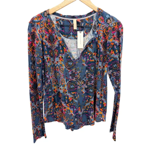Anthropologie Pilcro Boho Paisley Thermal Top M Split Neck Waffle Whimsigoth New - Image 2