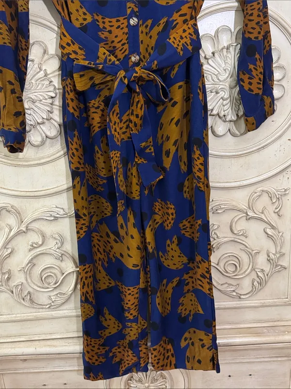 Farm Rio Banana Blue & Brown Printed Jumpsuit with Tie Waist Size Small - Image 8