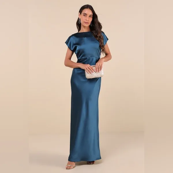 LULU’S Captivating Presence Dark Teal Satin Cowl Back Maxi Dress - Image 5