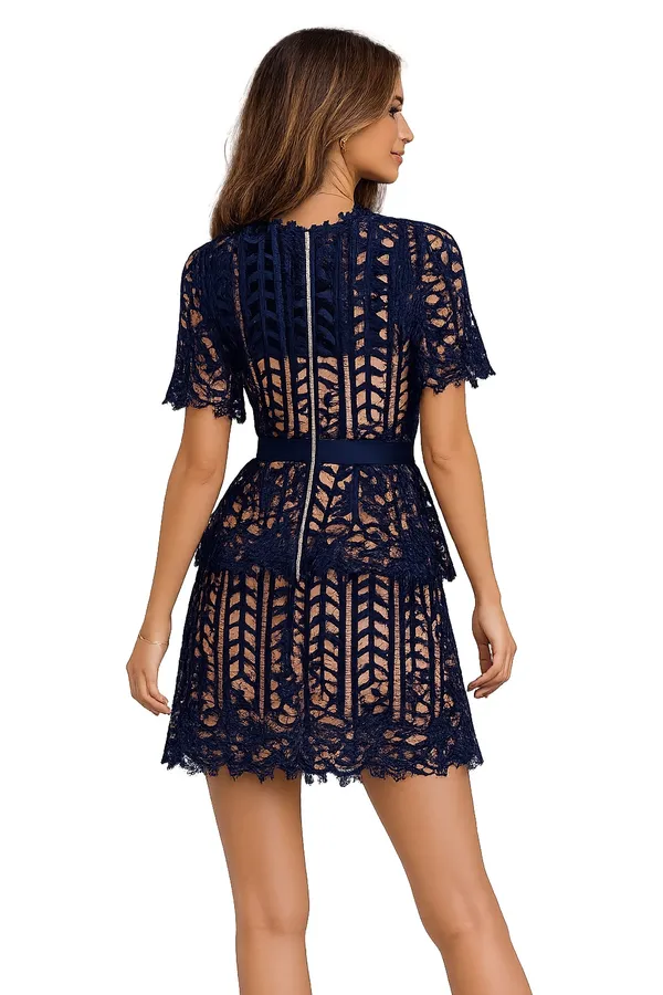 Aqua Dresses Navy Lace Peplum Mini Dress XS Short Sleeve Sheer Overlay - Image 2