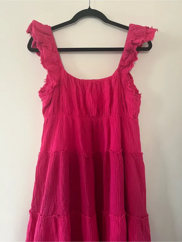 Hot Pink Tiered 100% Cotton Gauze Maxi Dress Small Coastal Euro Summer Beach - Image 8