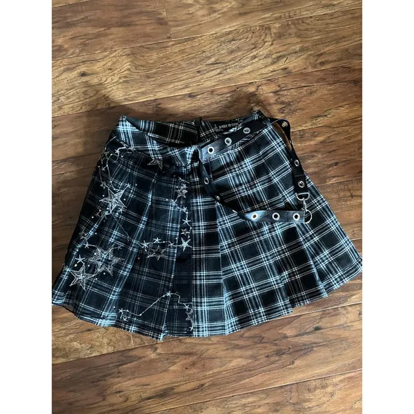 DARK IN LOVE Mini Plaid Skirt KILT GOTH WHIMSY STARS Small S - Image 5