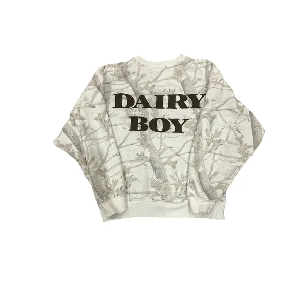 DAIRY BOY Teddy Brown Cream Woodland Camo Crew Sweatshirt XS Cotton Sold Out - Image 2