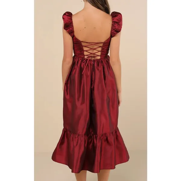 Lulus Poised Passion Wine Red Taffeta Pleated Ruffled Midi Dress - Image 3