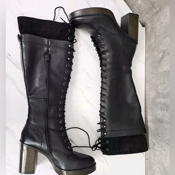 Steve Madden Size 6 Nitefall Black Leather Heeled Lace-Up Knee High Combat Boots - Image 3