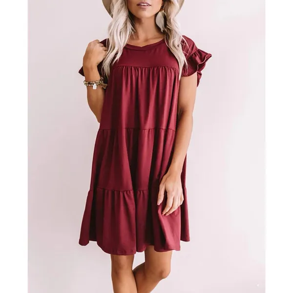 Entro Women’s‎ Tiered Merlot Babydoll Ruffle Short Sleeve Mini Dress Size Small - Image 2
