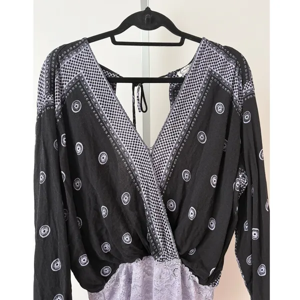 Free People L Black Medallion Lace Bodysuit Beachy Relaxed Shabby Festival‎ Top - Image 2