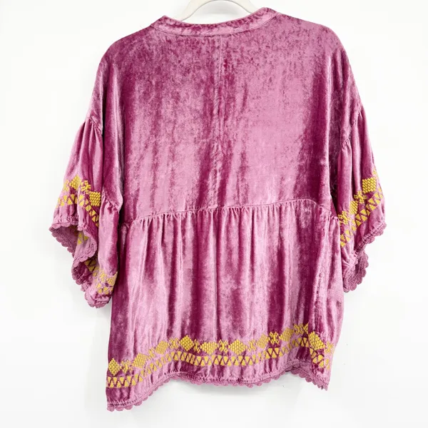 Ivy Jane Womens Purple Velvet Embroidered Boho Flowy Babydoll Blouse‎ Top Size L - Image 6