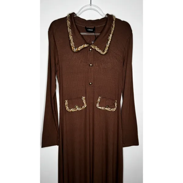 Cider 2020s Brown Ribbed Midi Dress Gold Trim Stretch NWT Large - Image 14