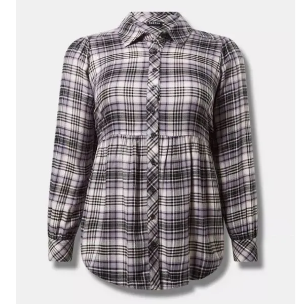 Torrid Soft Flannel Tie Back Button Up Tunic‎ Purple Plaid Size 1X - Image 4