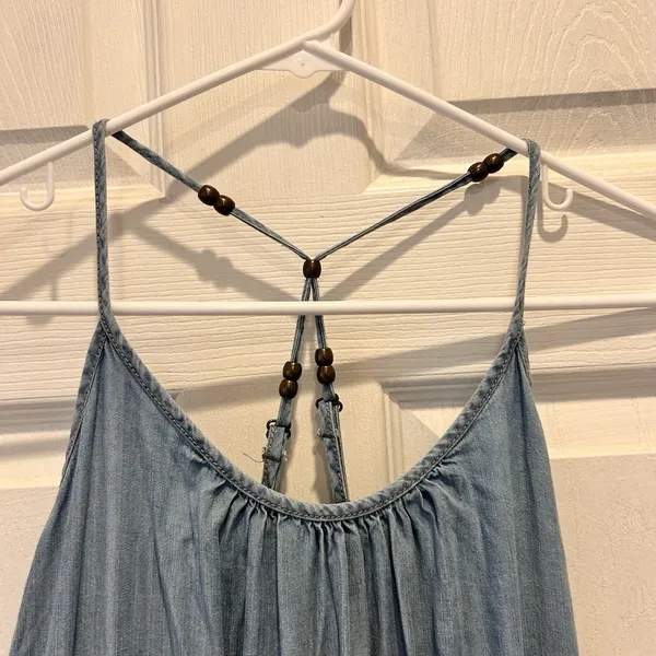 Maurices Light Wash Chambray‎ Halter Dress Beaded T-Back Empire Waist Blue Large - Image 6