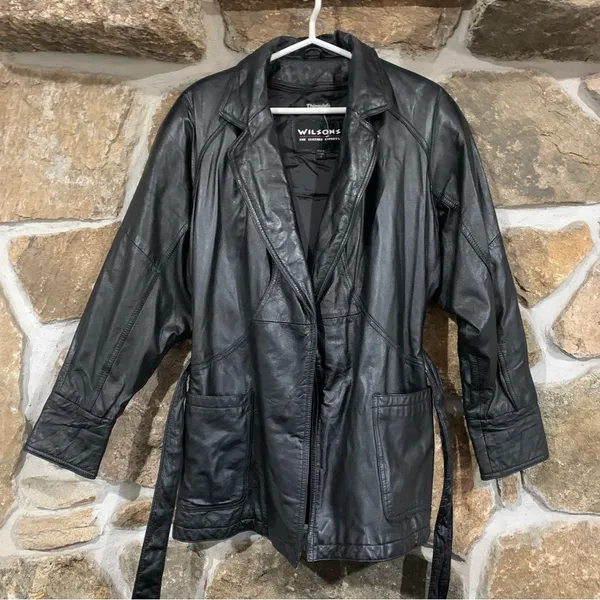 Wilson's Leather Vintage Black Leather Jacket w/ Leather Tie Belt - Image 6