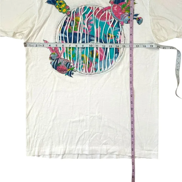 Vintage 90s Fish Ocean T-shirt Size Large Tropical Graphic Puffy Paint Glitter - Image 4