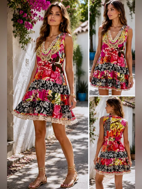 FREE PEOPLE Patchwork Dress Embellished Neck Back Cinch Boho Y2K Floral Sz M💛 - Image 2