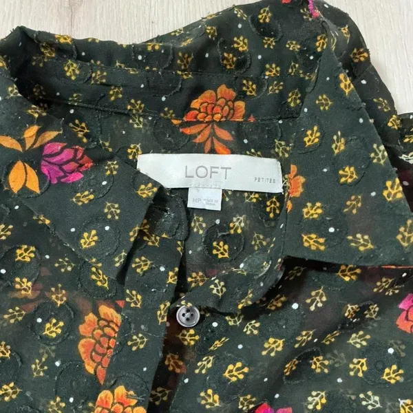 LOFT Floral Swiss Dot Sheer Button Down Blouse Womens M Green Fall Dark Academia - Image 6
