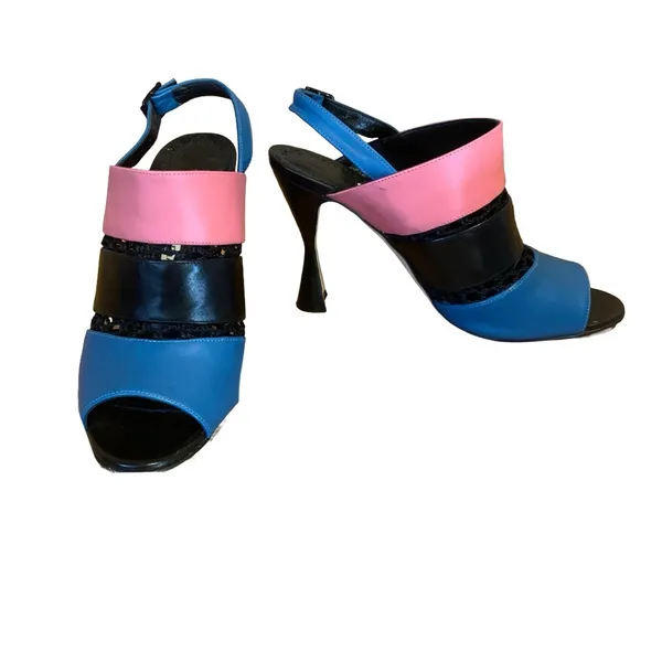 Manolo Blahnik "Aspendum" Black, Blue & Pink Leather W/Mesh Heels (36.5) - Image 4