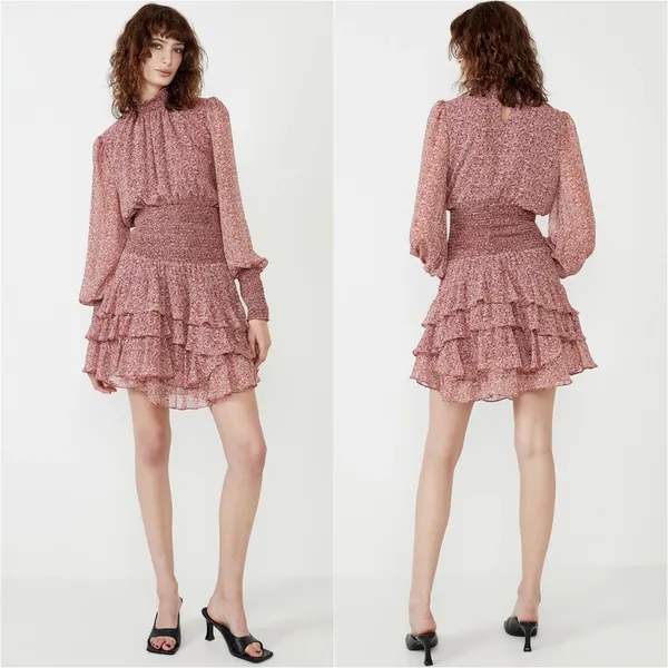 Bardot Dress Georgette Soft Floral Tiered Shirred Mini Long Sleeve Pink M - Image 2