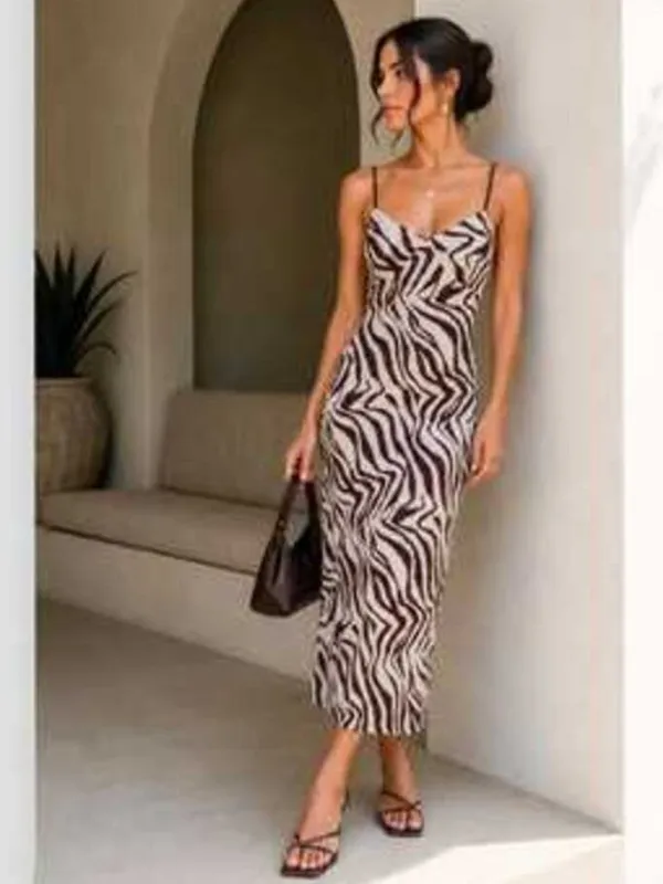 NEW Camila Coelho Brown Zebra Print Slip Maxi Dress Size Large Mesh Y2K Revolve - Image 3
