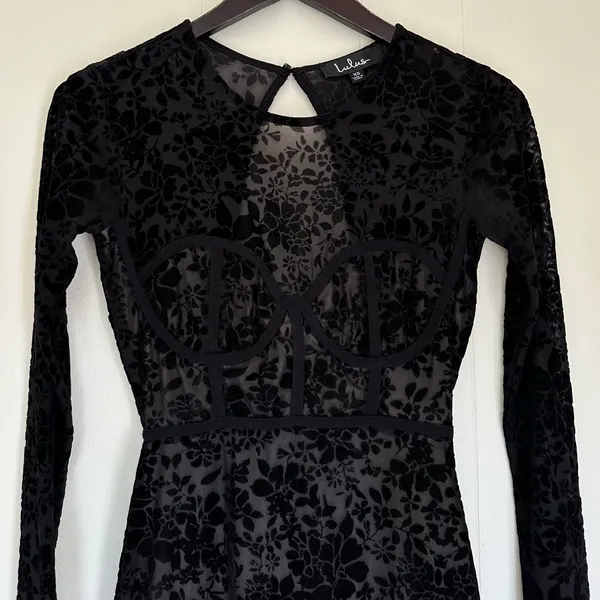 LULU’S Cor-Set to Go Black Burnout Velvet Print Dress X-Small - Image 4