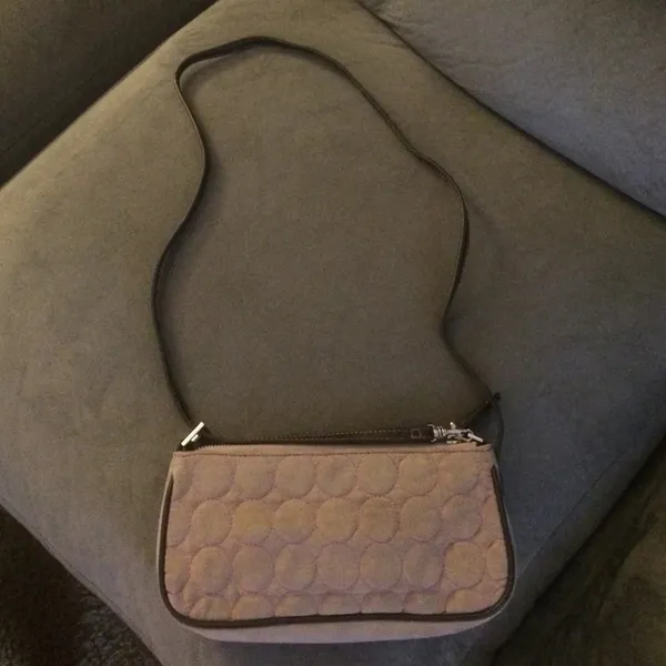 Liz Claiborne‎ Small Clutch Purse in Tan Suede with Pink Circle Pattern Baguette - Image 2