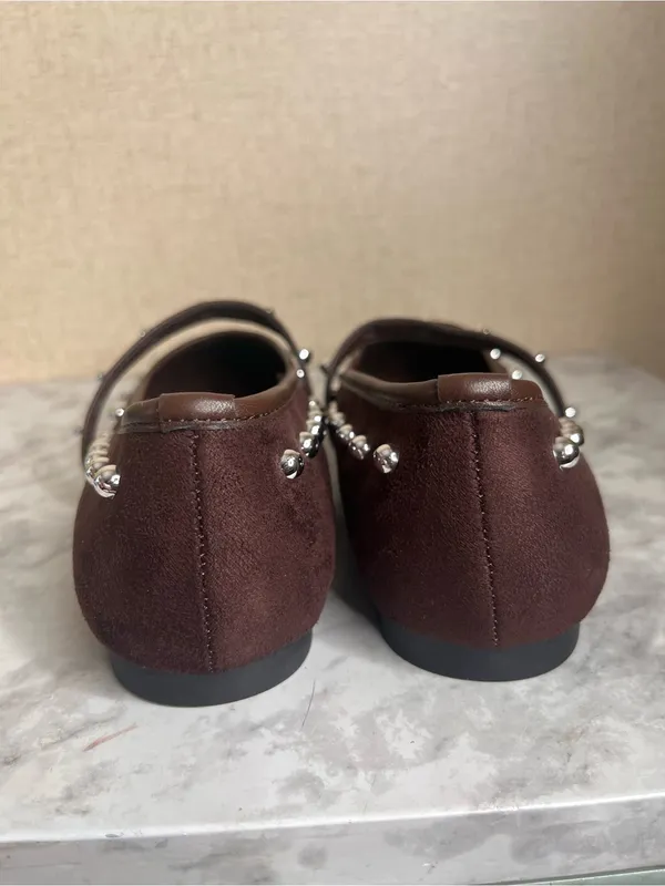 Olivia & Kate Studded Mary Jane Flats in a dark brown faux-suede finish - Image 5