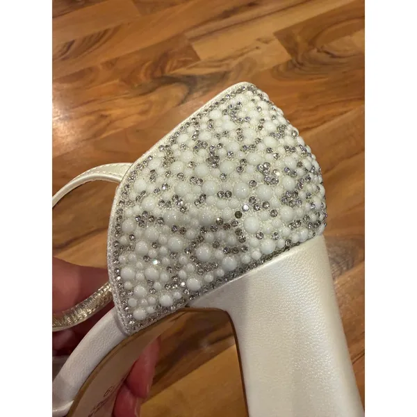 Bridal Smilee Block Heels Women 39 Ivory Pearl Rhinestone Peep Toe Strap Wedding - Image 6