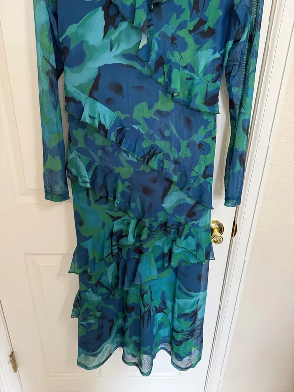 Zesica Blue Ruffle Layer Tiered Maxi Floral Dress Aqua Vacation Beach Resort - Image 3