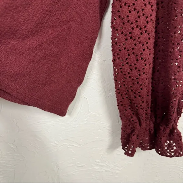 Madewell Texture & Thread Burgundy Knit Puff Sleeve Sweater Womens M Fall Eyelet - Image 4
