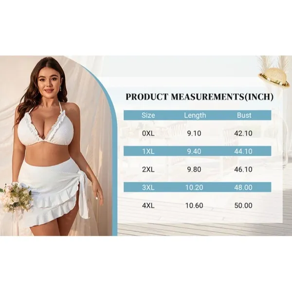 Boutique Black 3 Piece Plus Size 1XL Lettuce Trim Bikini Halter Triangle Swimsuit w/ Wrap - Image 8