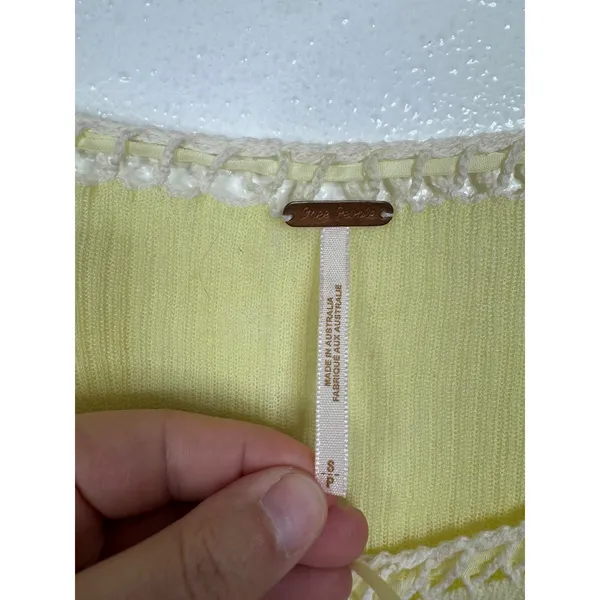 Free People Womens Pale Yellow Crochet Trim Short Sleeve Button Front Cardigan S - Image 3