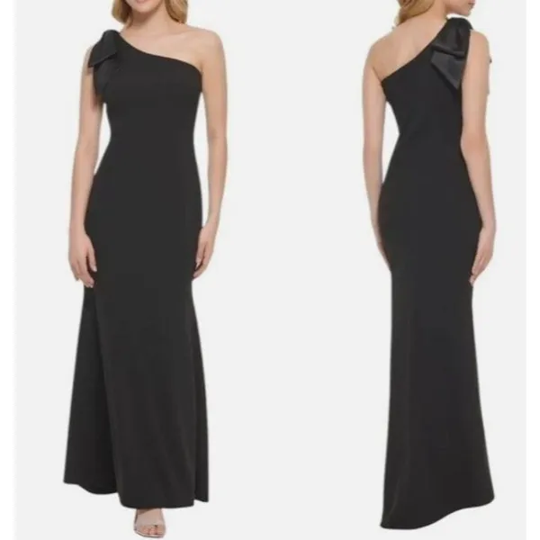 Eliza J Satin Bow One Shoulder Formal Gown Womens 12 Black Prom Minimal Wedding - Image 2