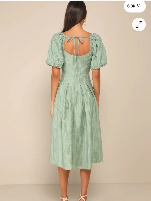 Lulus Heavenly Energy Sage Textured Puff Sleeve Pleated Midi Dress Size Small - Image 2