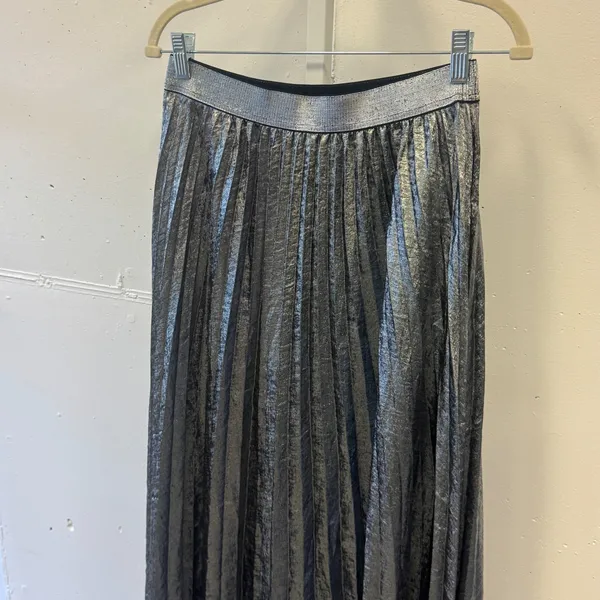 NWT Lucy Paris Metallic Silver Pleated Midi Skirt Charcoal Gray Women's Medium - Image 3