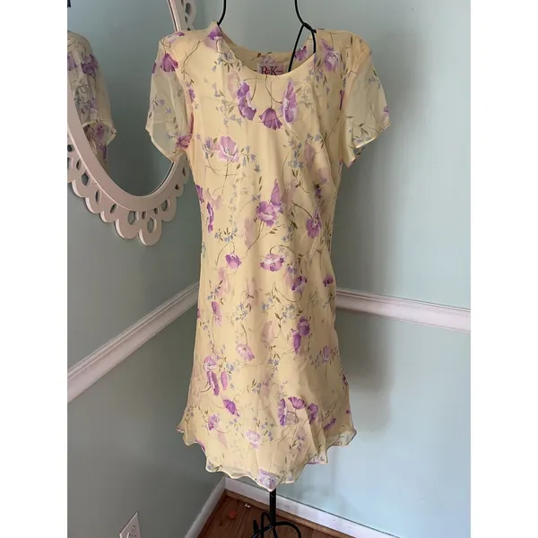 VTG y2k R & K YELLOW COTTAGE CORE PRAIRIE TEA PARTY‎ FLORAL DRESS 6 Feminine - Image 4