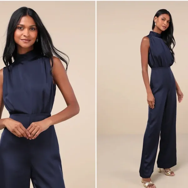 LULU's Sexy Elegant Chic Minimalistic Wedding Navy Satin Wide Leg Jumpsuit - Image 2