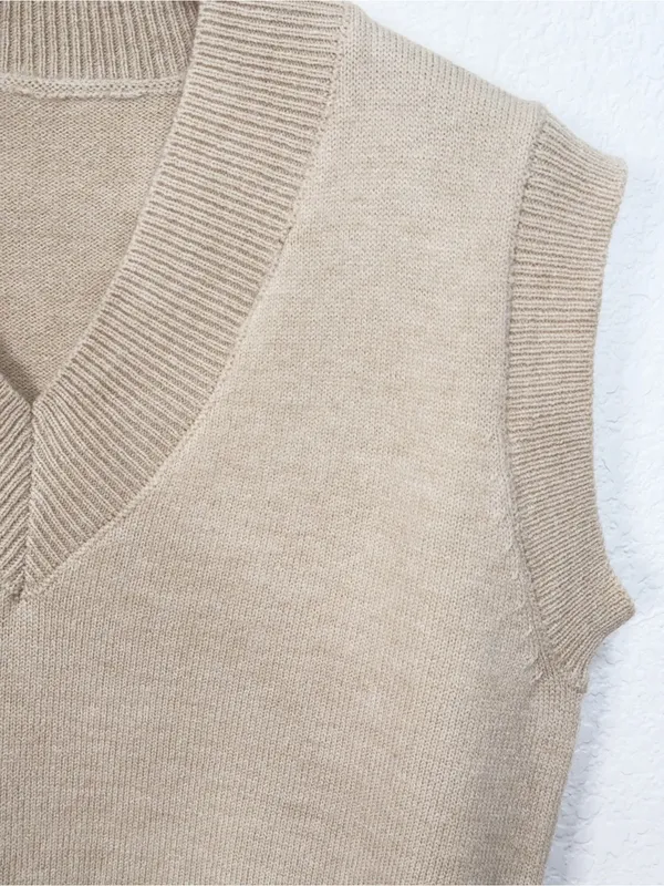 J.ING Beige V Neck Sweater Vest Sleeveless Knit Preppy Minimalist Pullover - Image 6