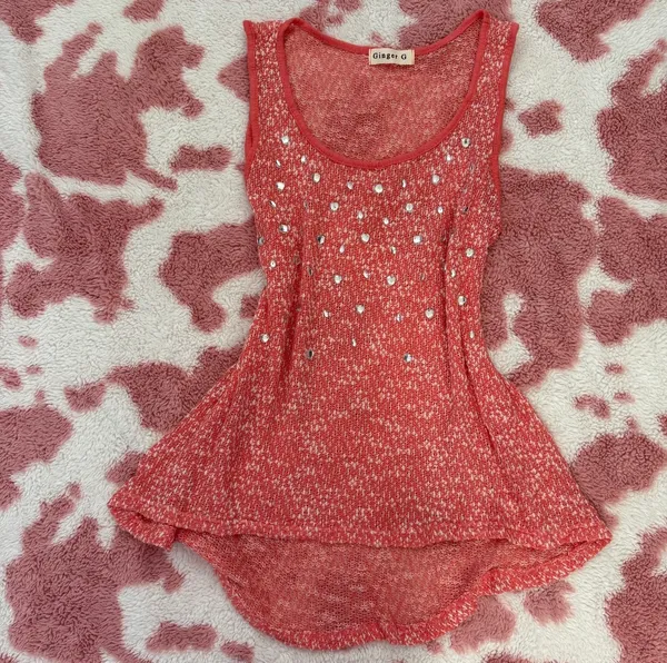 Vintage Y2K Orange Rhinestone Knit Tank Top Coquette Fairycore Babydoll Small - Image 4