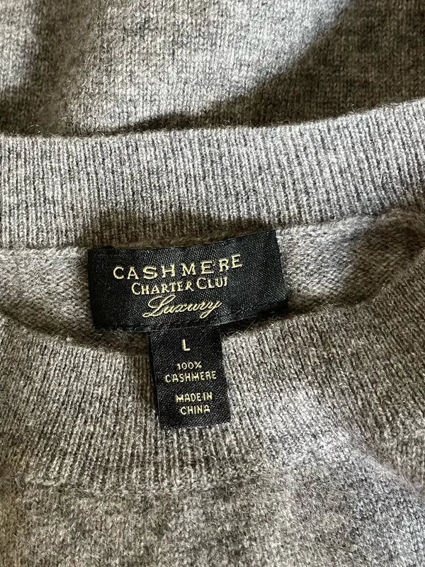Charter Club Pure Cashmere Border Trim Sweater Gray Heather Pink Stripe Large - Image 5