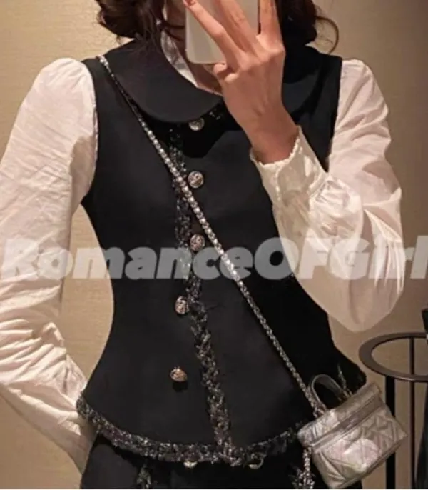 Luxury Navy Blue Gold Buttoned Formal Vintage Tweed Babydoll Slim Blazer Vest - Image 3