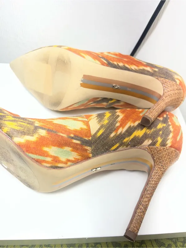 Sam Edelman Orange, Tan and Yellow Ikat Pointed-Toe Pumps - Image 5