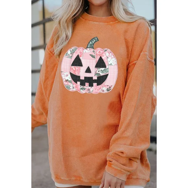 Patchwork Pumpkin Graphic Corded Ribbed Round Neck Tunic Sweatshirt - Image 5