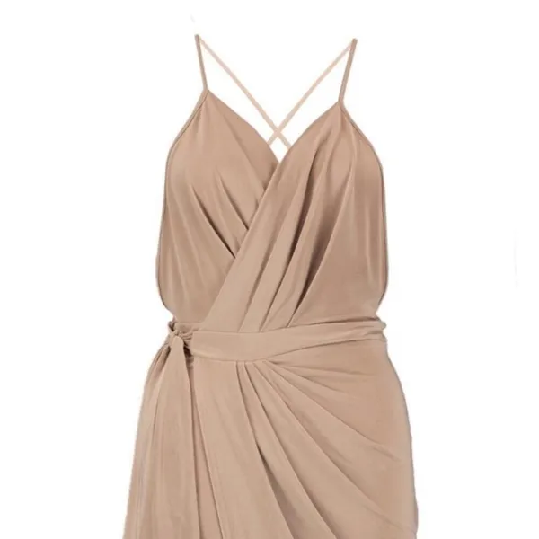 Boohoo Asia Slinky Wrap Tie Detail Bodycon Dress in Sand Size 6 - Image 2