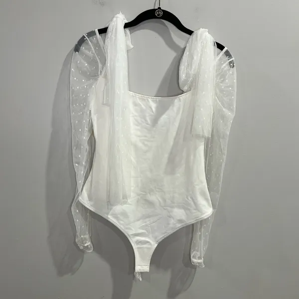 Intimately Free People Tongue Tied Bodysuit Ivory Size‎ Small Sheer Lace Sleeves - Image 2