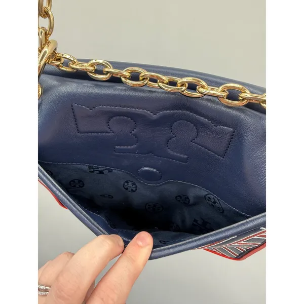 Tory Burch Alexa Convertible Shoulder Bag Navy Red Embroidered‎ Leather Chain - Image 16