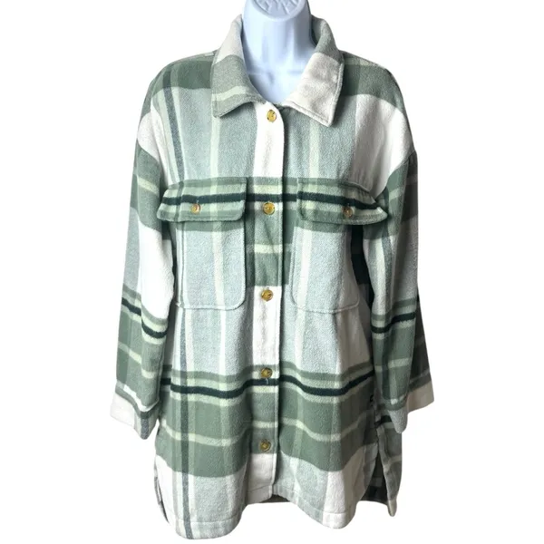 Banana Republic‎ Ivory Green Plaid Oversized Shacket Holiday Woolblend M - Image 2