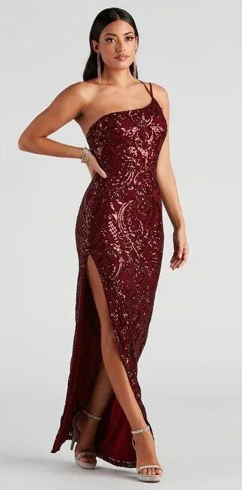 Formal Prom One Shoulder Red Sequin Maxi Dress XS - Image 3